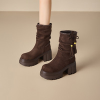 Bottes en daim à plateforme pour femmes, décorées de pompons, talon épais, mi-mollet, chaussures chaudes d'hiver