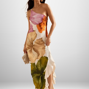 Robe longue décontractée pour femme, asymétrique à une épaule, imprimé floral, ourlet à volants, fente, élégante pour le quotidien et les rendez-vous, livraison rapide - Product Image 1