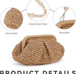 Custom Straw Dumpling <strong>Clutch</strong> <strong>Bag</strong> with Pearl Chain Woven Straw Tote <strong>Clutch</strong> Purse <strong>for</strong> Women - Product Image 5