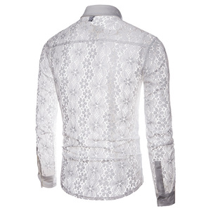 RNSHANGER Chemises d'été pour hommes Sexy à manches longues en <span class=keywords><strong>dentelle</strong></span> de couleur unie Voir à travers Clubwear <span class=keywords><strong>Chemise</strong></span> boutonnée <span class=keywords><strong>Chemise</strong></span> douce et respirante - Product Image 5