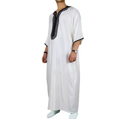 Jubah Muslim Bordir Warna Polos untuk Pria, Jubah Gamis Arab, Abaya, Muslim Maroko, Jubah Baru, Warna Polos untuk Anak Muda