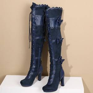 SHIKOL femmes bottes au-dessus du genou Vintage 90S Lolita chaussures talons hauts à lacets nœud bleu <span class=keywords><strong>noir</strong></span> <span class=keywords><strong>daim</strong></span> chaussures pour femmes bottes cuissardes - Product Image 6