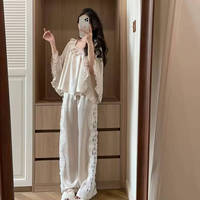 Ensemble de vêtements de nuit en dentelle 100% acétate pour femmes, manches évasées à volants, pyjama épais, fabrication sur mesure OEM ODM, marque privée, vêtements de nuit de luxe