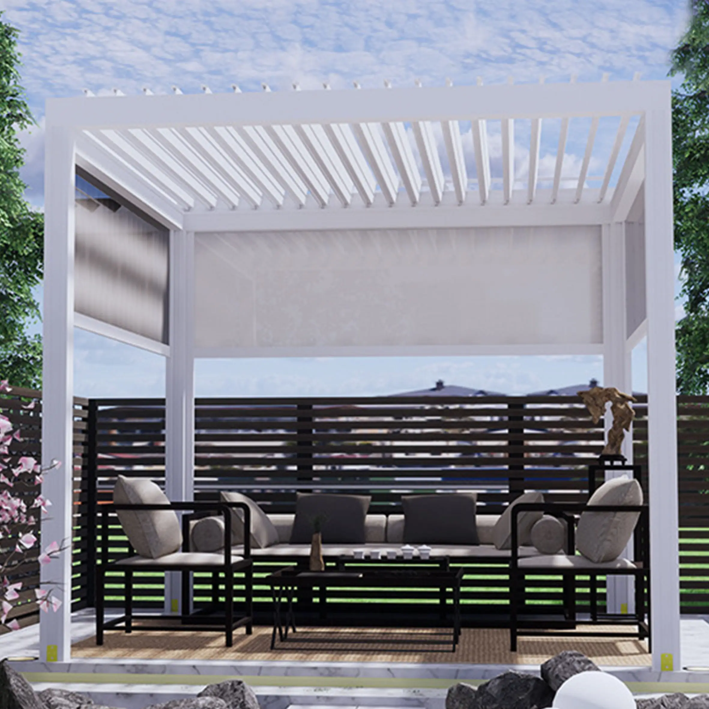 Mặt trời chặn điện mái toàn bộ thiết lập nhôm pergola không thấm nước louver, mái nhà với màn hình có thể thu vào với người hâm mộ và máy sưởi/