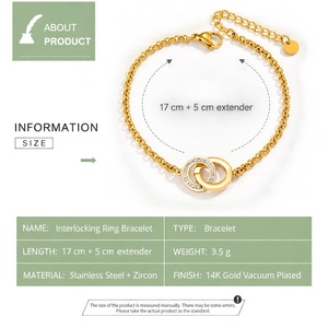 Bracelet en zircon à anneaux entrelacés en or et en argent, acier inoxydable, option plaqué or 14 carats sous vide - Product Image 3