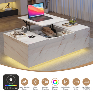 Tavolino da caffè intelligente regolabile in altezza con motivo in marmo bianco, cassetti portaoggetti e illuminazione a LED per soggiorno - Product Image 4