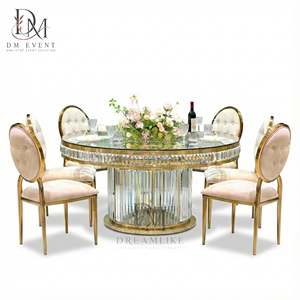 Table de banquet de mariage ronde sur mesure en acier inoxydable doré avec base à franges de cristal et plateau en verre trempé miroir - Product Image 2