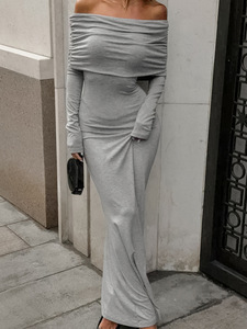 Nuovo autunno colore <span class=keywords><strong>grigio</strong></span> spalla a manica lunga <span class=keywords><strong>aderente</strong></span> Maxi abito donna - Product Image 4