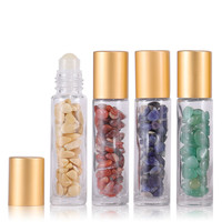 Bouteilles à bille en verre avec des pierres précieuses transparentes, 10 ml, pour huile essentielle, avec bouchon en cristal, intérieur en or mat