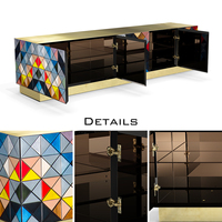 Meuble TV avant-gardiste en aluminium anodisé noir et finition or, avec étagère en verre bronze, pour salon