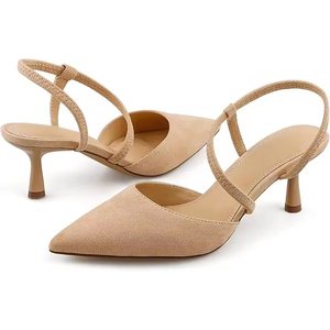 Logo personnalisé Slingback femmes de luxe <span class=keywords><strong>pas</strong></span> <span class=keywords><strong>cher</strong></span> talons hauts chaussures habillées Beige daim bas chaton talon bout fermé talons pour les femmes - Product Image 3