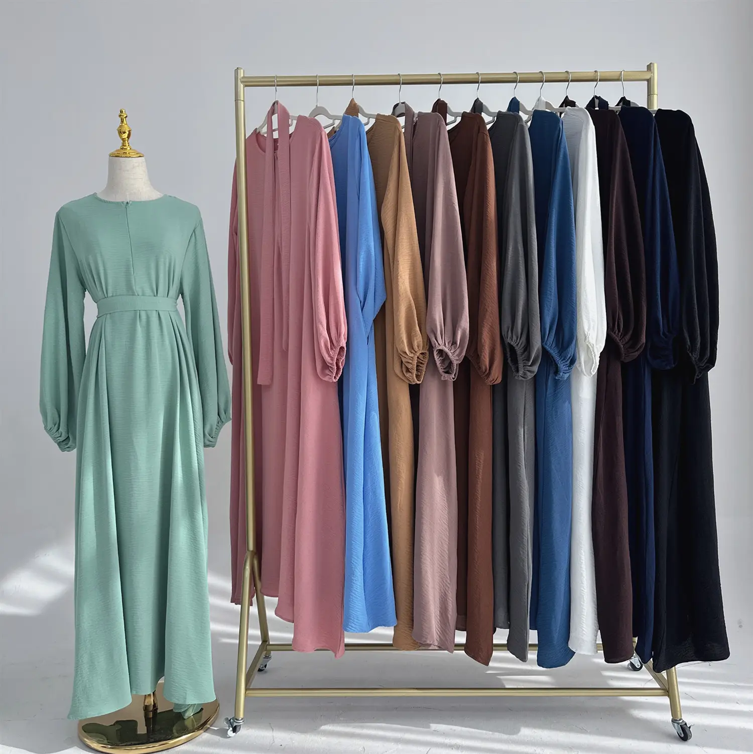Новое платье 2024 EID с пышными рукавами на молнии спереди, мусульманское платье из Абайи, из полиэстера со складками, Дубаи, исламская женская одежда, оптовая продажа