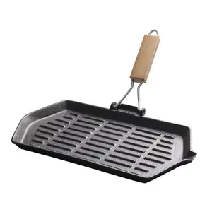 Bán buôn gang Baking Pan hình chữ nhật màu đen bít tết Frying Pan với gấp tay cầm bằng gỗ