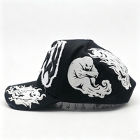 Casquette de camionneur personnalisée avec broderie 3D en relief, casquette de baseball vieillie avec patch effiloché, casquette snapback streetwear avec motif flamme du diable pour hommes