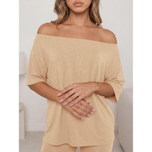 Fisoew Womens 2 Piece Lounge Set Summer Oversized T Shirt Biker Shorts Casual <b>Matching</b> Outfit Breathable Asymmetrical Collar - Product Image 2