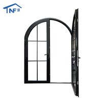 Puerta Francesa Exterior de Doble Vidrio Templado con Marco de Aluminio Arqueado y Diseño de Hierro, con Rejilla y Cerradura Digital
