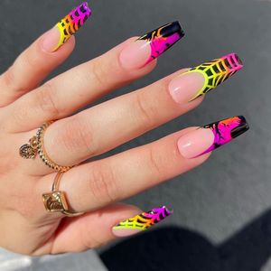 <span class=keywords><strong>Uñas</strong></span> postizas <span class=keywords><strong>de</strong></span> neón con diseño <span class=keywords><strong>de</strong></span> telaraña, largas, estilo ataúd, con punta francesa, degradado rosa, <span class=keywords><strong>amarillo</strong></span> y negro, <span class=keywords><strong>de</strong></span> acrílico, para mujer - Product Image 2