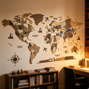 <span class=keywords><strong>Autocollant</strong></span> mural Art Déco en bois neutre pour anniversaire, avec carte du monde et motifs gravés des pays et de leurs capitales - Product Image 3