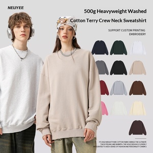 Pull-over en molleton de coton pur lavé style américain, coupe ample, col rond, couleur unie, 500g, personnalisé pour homme, automne-hiver - Product Image 1