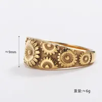 Retro Sonnenblumen-Prägung Breiter Ring, Edelstahl, Matt-Gold Strukturierter Modischer Statement-Ring für Tägliches Tragen