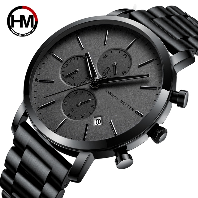 Hannah Martin Luxury Men's Quartz Wrist Watch Waterproof Stainless Steel Oval Alloy Case 22mm Chronograph Reloj Hombre Clock