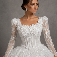 Robe de mariée classique et modeste, coupe princesse, à manches longues, avec corset illusion, dentelle florale 3D, perles et paillettes, grande taille, sur mesure