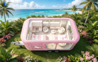 Maison mobile sur roues, design moderne, structure en acier, style rose, caravane préfabriquée, mur en verre, maison portable pour la plage