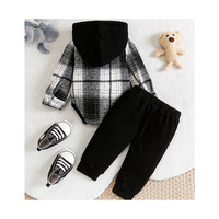 Ensemble deux pièces pour bébés garçons automne-hiver : Manteau à capuche en coton à carreaux contrastants et pantalon à boutons-pression