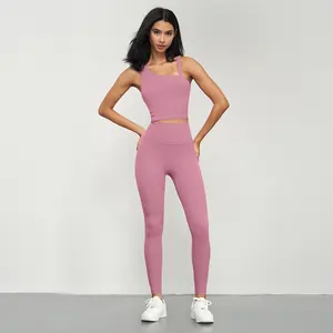 Grosir set Legging olahraga wanita, 2 buah atasan Tank top lembut Bra di Gym Yoga