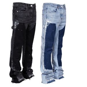 Pantalones vaqueros de marca popular para hombre, personalizados con efecto salpicado de pintura, lavados, estilo carpintero, acampanados y con efecto apilado - Product Image 6