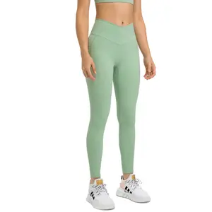 Kadın yeni çapraz bel spor sıkı pantolon çift yan cepler ile hiçbir t-line yüksek elastik kalça kaldırma 9-Point Yoga pantolon