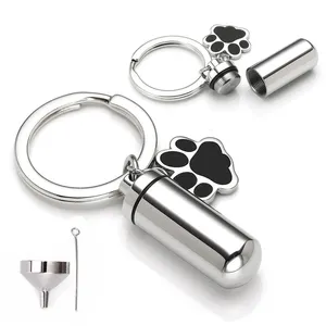 Pet Keychain Cylinder Key chain with Dog Paw Print Memorial Urn Necklace for Ashes Stainless Steel Cremation JewelrySilver Water