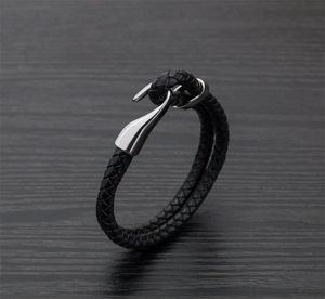 New <b>retro</b> fishhook stainless steel leather woven bracelet - Product Image 2