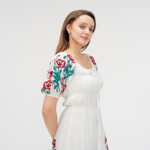 เดรสผ้าฝ้ายคอโอ แขนสั้น แต่งระบาย เอวสูง ปักลายดอกไม้หวานๆ สไตล์ใหม่ สำหรับฤดูร้อน ผู้หญิง - Product Image 4