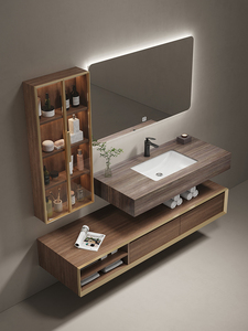 Ensemble de meubles de salle de bain en bois massif moderne OEM, lavabo en céramique, miroir LED mural, table complète, panneau de bureau - Étanche, facile à nettoyer - Product Image 2