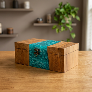 Boîte à bijoux moderne en bois avec incrustation en résine turquoise et loquet en laiton, étui de rangement rectangulaire brillant, décoration de salon, bijoux de luxe - Product Image 1