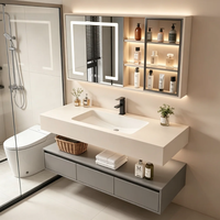 Meuble-lavabo mural haut de gamme, base en bois massif avec plan de travail en pierre frittée, vasque en céramique intégrée, pour hôtels OEM