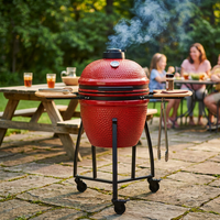Pemanggang BBQ Keramik Kamado 21 Inci Tanpa Asap, Lapisan Enamel, Termometer Terpasang, Untuk Penggunaan Luar Ruangan dan Rumah Tangga