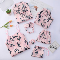 Pyjamas 7 Pièces Femme, Ensembles de Pyjamas Rose en Soie Satinée avec Bretelles, Lingerie, Vêtements de Nuit et d'Intérieur pour Femme