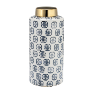Vaso Decorativo in Ceramica con Motivo Blu e Coperchio Dorato per Soggiorno, Camera da Letto e Sala da Pranzo - Product Image 1