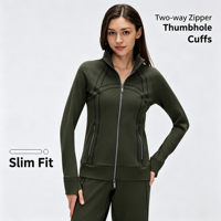 Xsunwing Nouveau style Veste de sport légère unie pour femme, coupe ajustée, manches longues, pour entraînement, gym, fitness, yoga, avec fermeture éclair WD26105