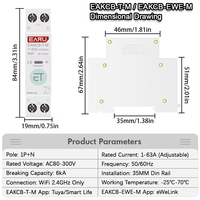 Disjoncteur intelligent WiFi Tuya EWeLink MCB 1P+N 63A avec relais temporisé, compteur d'énergie kWh, protection contre les surtensions et télécommande