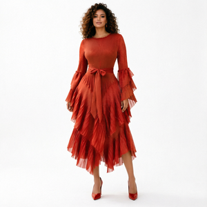 Fast Dispatch Wholesale Deals Women's <b>Empire</b> Waist Flare Sleeve Tiered Sashes Pleated A-<b>Line</b> Solid Party Long <b>Dress</b> <b>Plus</b> Adults - Product Image 1