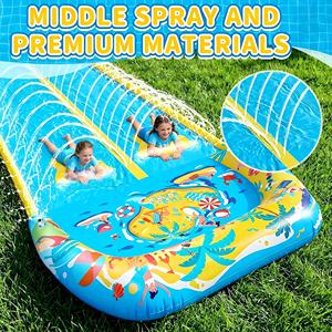 Tobogán Acuático de PVC con Estampado Tropical Azul y Amarillo, con Aspersor y 2 Tablas para Niños, para Carreras en el Patio Trasero, 480x82 Pulgadas - Product Image 4