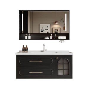 French Oak Door Retro <b>Bathroom</b> <b>Vanity</b> With Washbasin And Mirror Light Black Multi Layer Solid Wood Cabinet - Product Image 5
