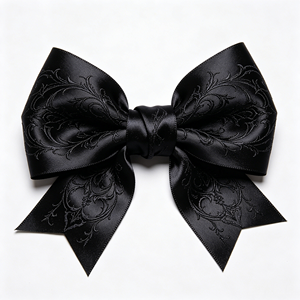 Noeud en ruban de satin polyester imprimé damassé noir, fait main, pour boîte cadeau d'Halloween, emballage de fête gothique, décoration de cheveux - Product Image 1