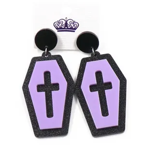 ERS522ER1208 Top Fashion Coffin Grave Cross Galaxy Black Halloween Holiday Statement Acrylic Dangle Earrings