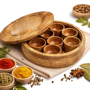 Boîte à épices ronde en bois avec 8 compartiments et couvercle pour le rangement des assaisonnements de cuisine, organisateur d'herbes et d'épices - Product Image 1