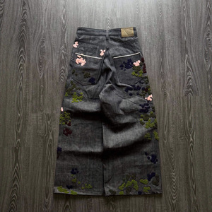 Jeans de Mezclilla Vintage para <span class=keywords><strong>Hombre</strong></span>, Lavado Ácido, Bordado Personalizado, Corte Ajustado y Holgado, Estilo Cargo, Pierna Ancha, Textura Rugosa - Product Image 3