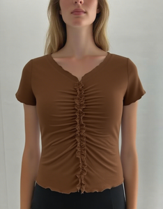 Chất lượng cao thời trang V cổ tay áo ngắn Cuff/cạnh dưới vỏ sò chi tiết Ruched Ruffle thiết kế thanh lịch Crop <span class=keywords><strong>Tops</strong></span> - Product Image 5